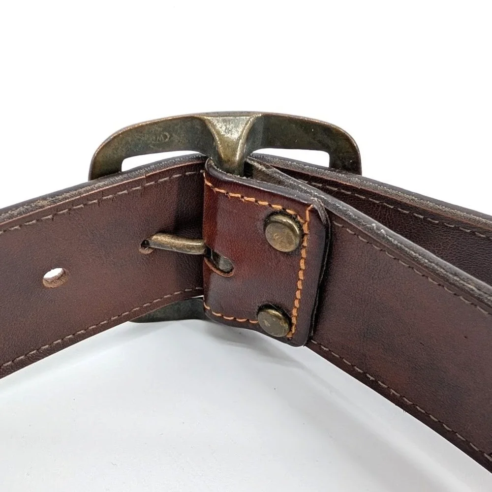 Vintage Leather Belt Lattigo Geometric Colorful Embroidered Inlay Brass 30